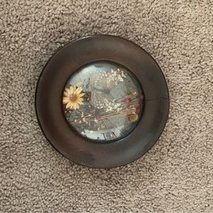 Vintage Glass Art with Floral Design in Brown Frame